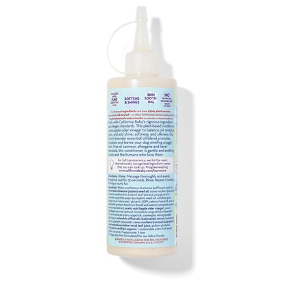 Calming™ Puppy + Dog Conditioner bottle back label with ingredient text