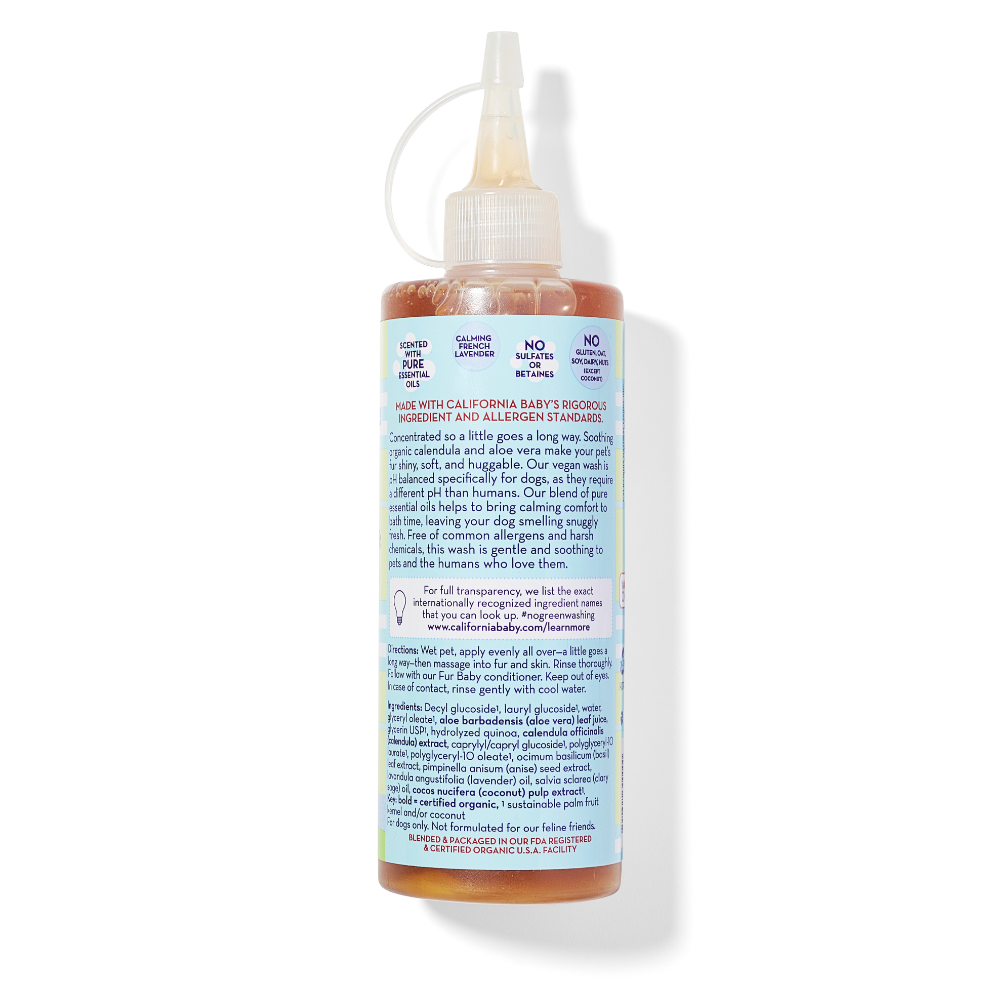 Calming puppy and dog wash bottle with back label and flip-top pump dispenser