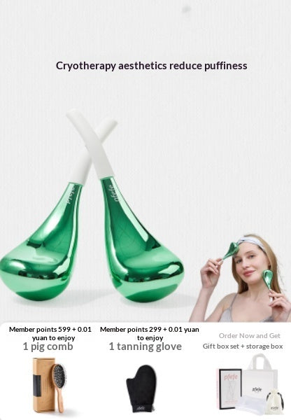 Green ice spoon facial massage device with white cord handles and cooling eye pad