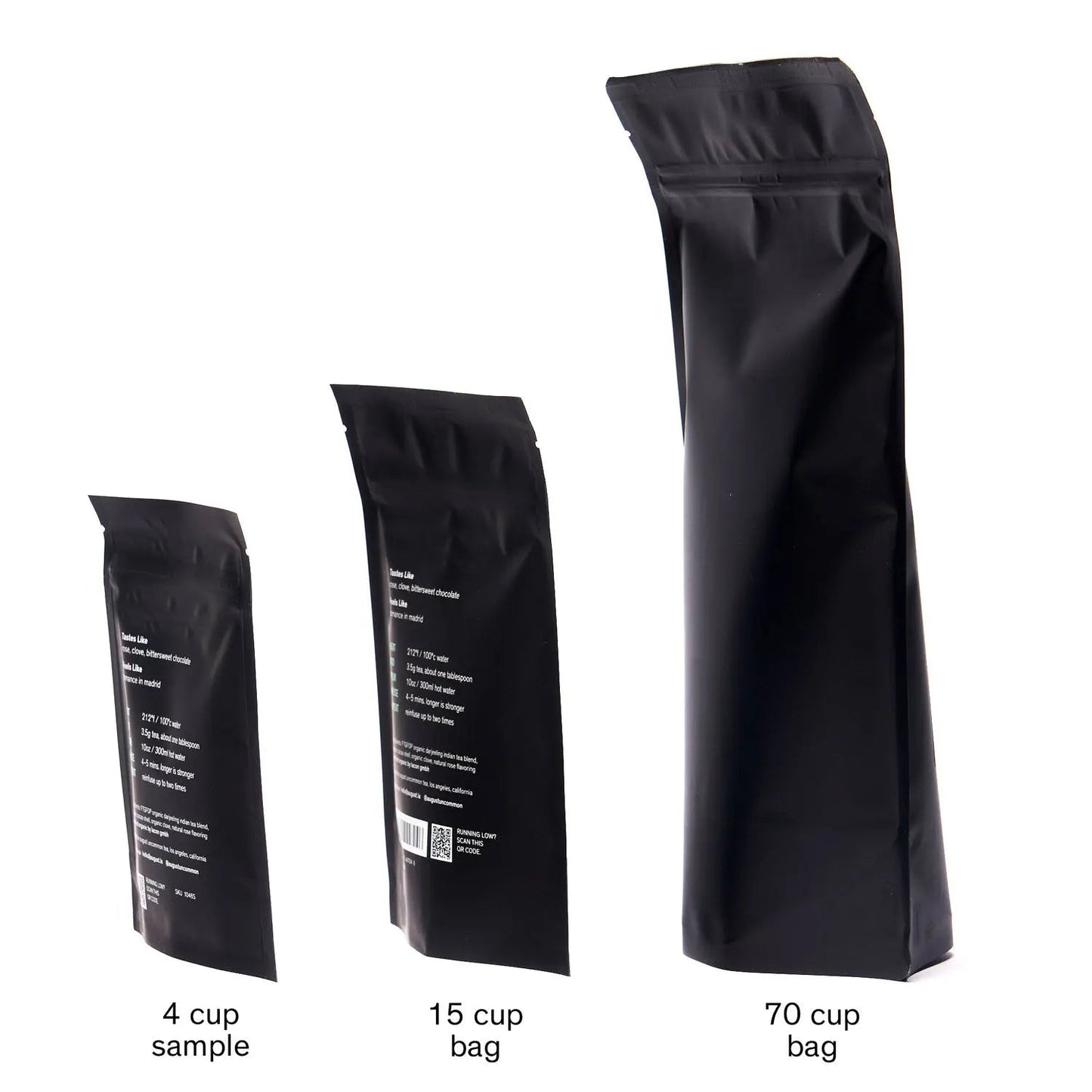 Tea pouch sizes shown: 4-cup sample, 15-cup bag, and 70-cup bag in black.