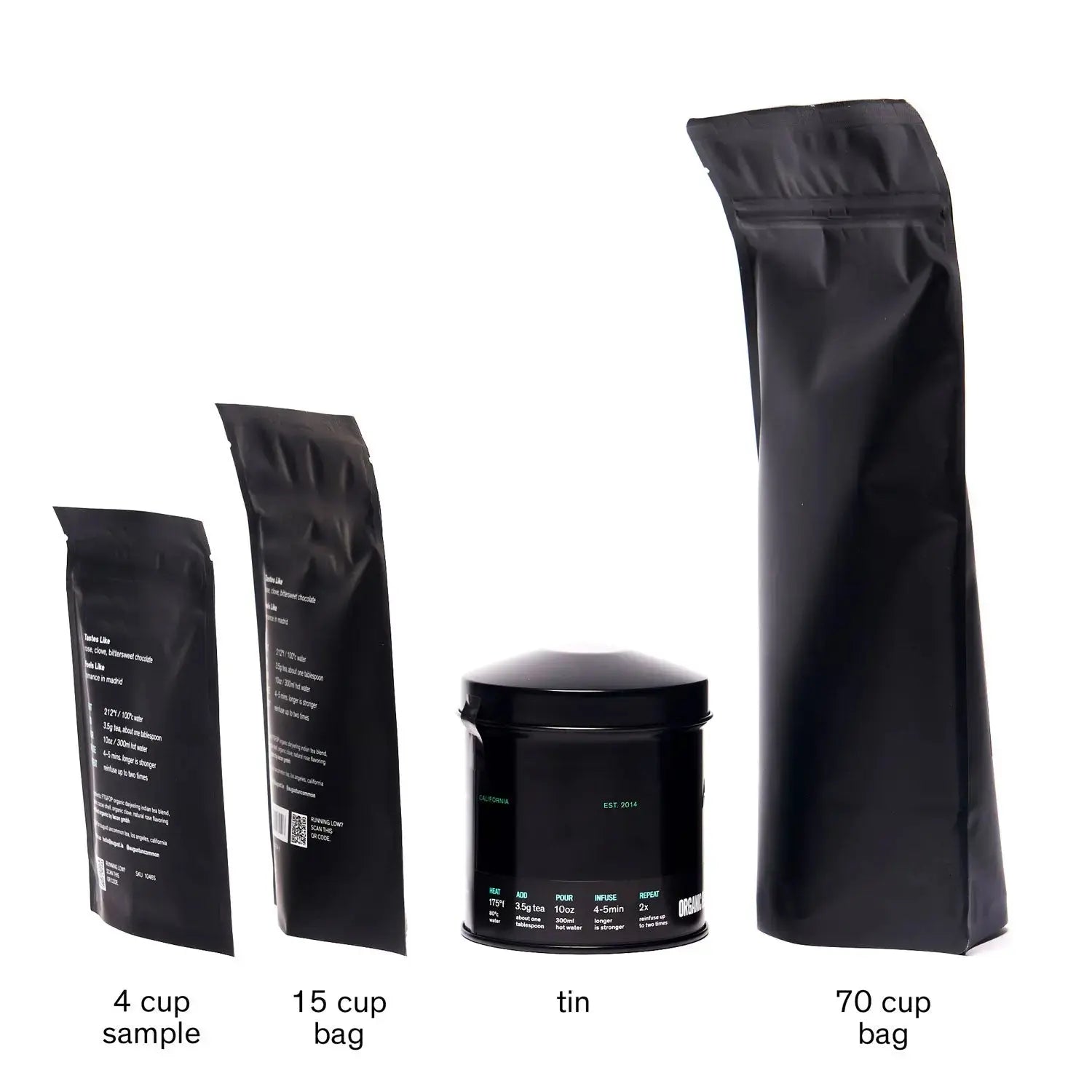 Variety of tea package sizes: 4-cup sample, 15-cup bag, tin, and 70-cup bag