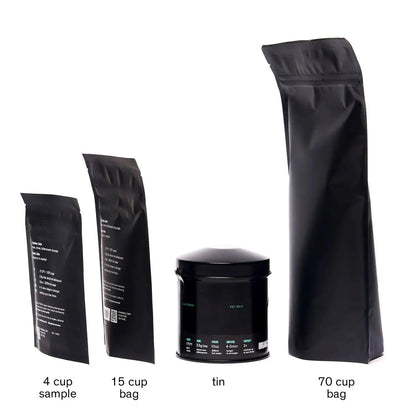 Variety of tea package sizes: 4-cup sample, 15-cup bag, tin, and 70-cup bag