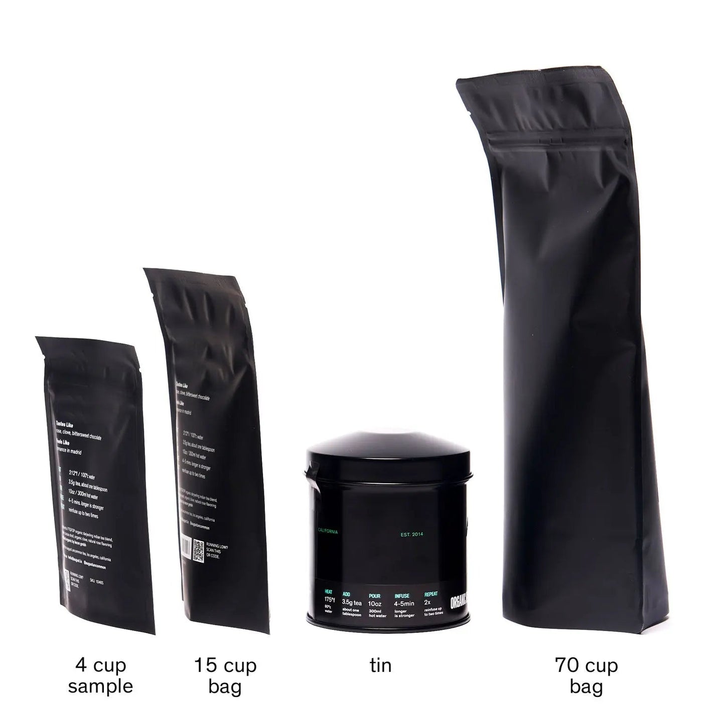 Assorted black tea blend packages: 4-cup sample, 15-cup bag, tin, and 70-cup bag