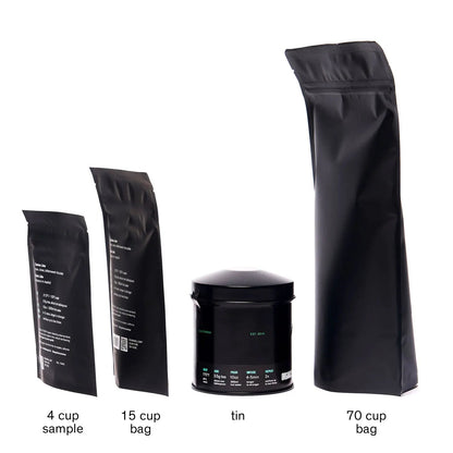 Assorted black tea blend packages: 4-cup sample, 15-cup bag, tin, and 70-cup bag