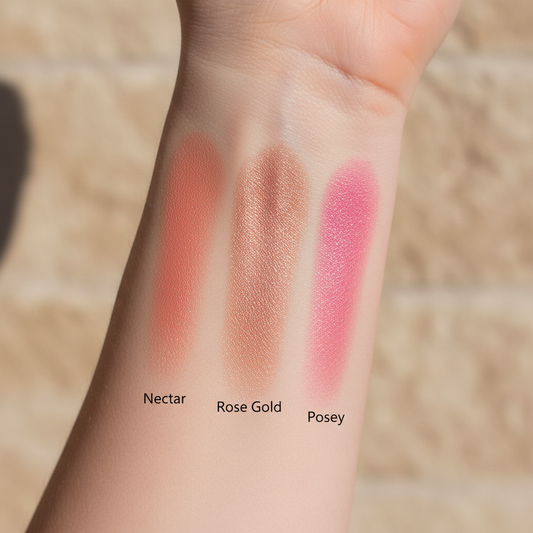 Baked blush swatch set on wrist: Nectar, Rose Gold, Posey shades