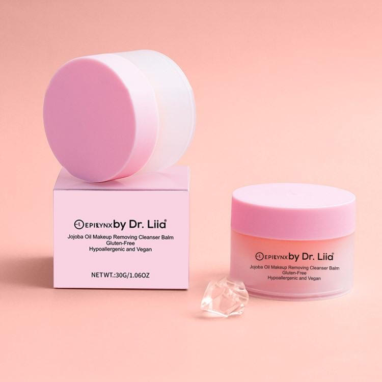 Lavender makeup remover balm jars with open lid and product box