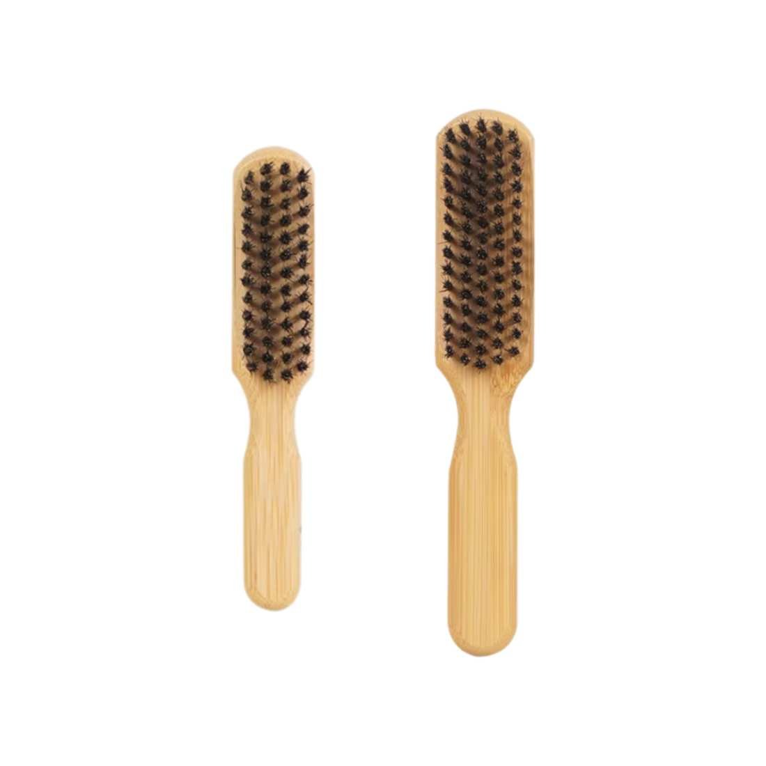 Bamboo beard brush duo, two wooden-handled brushes with dark bristles