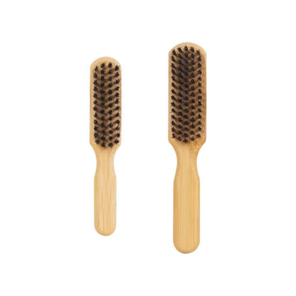 Bamboo beard brush duo, two wooden-handled brushes with dark bristles