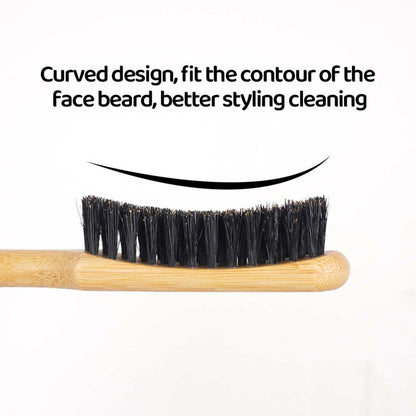 Curved bamboo beard brush with dark bristles on a light wood handle