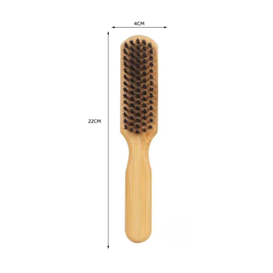 Bamboo beard brush with dense dark bristles and long light wood handle
