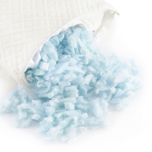Shredded memory foam pillow refill with light blue foam pieces