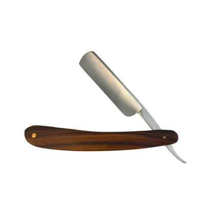 Wood-handled shaving razor with silver head and fixed guard.