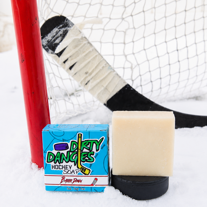 Hockey soap bar with cream-colored block and matching Dirty Dangles soap box