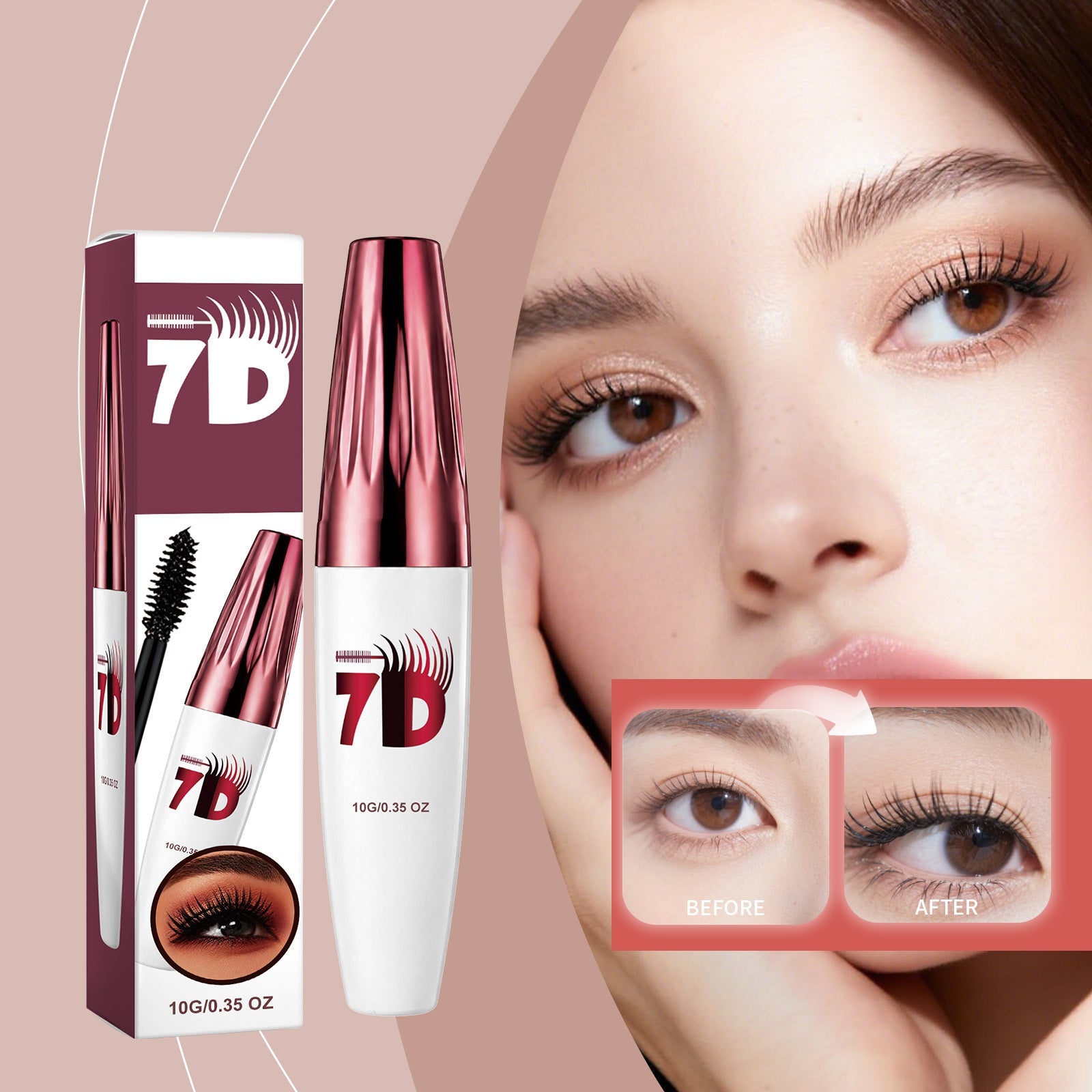 Black curling 3D mascara with bottle and wand beside a face lash close-up