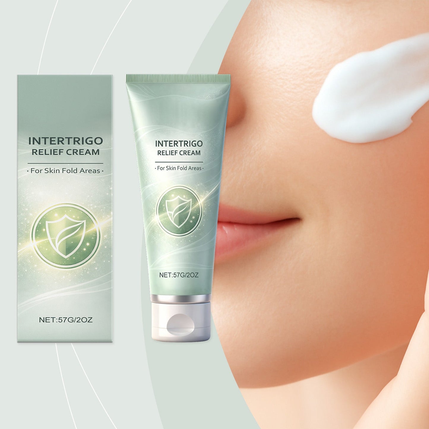 Intertrigo relief cream tube with close-up of skin receiving cream