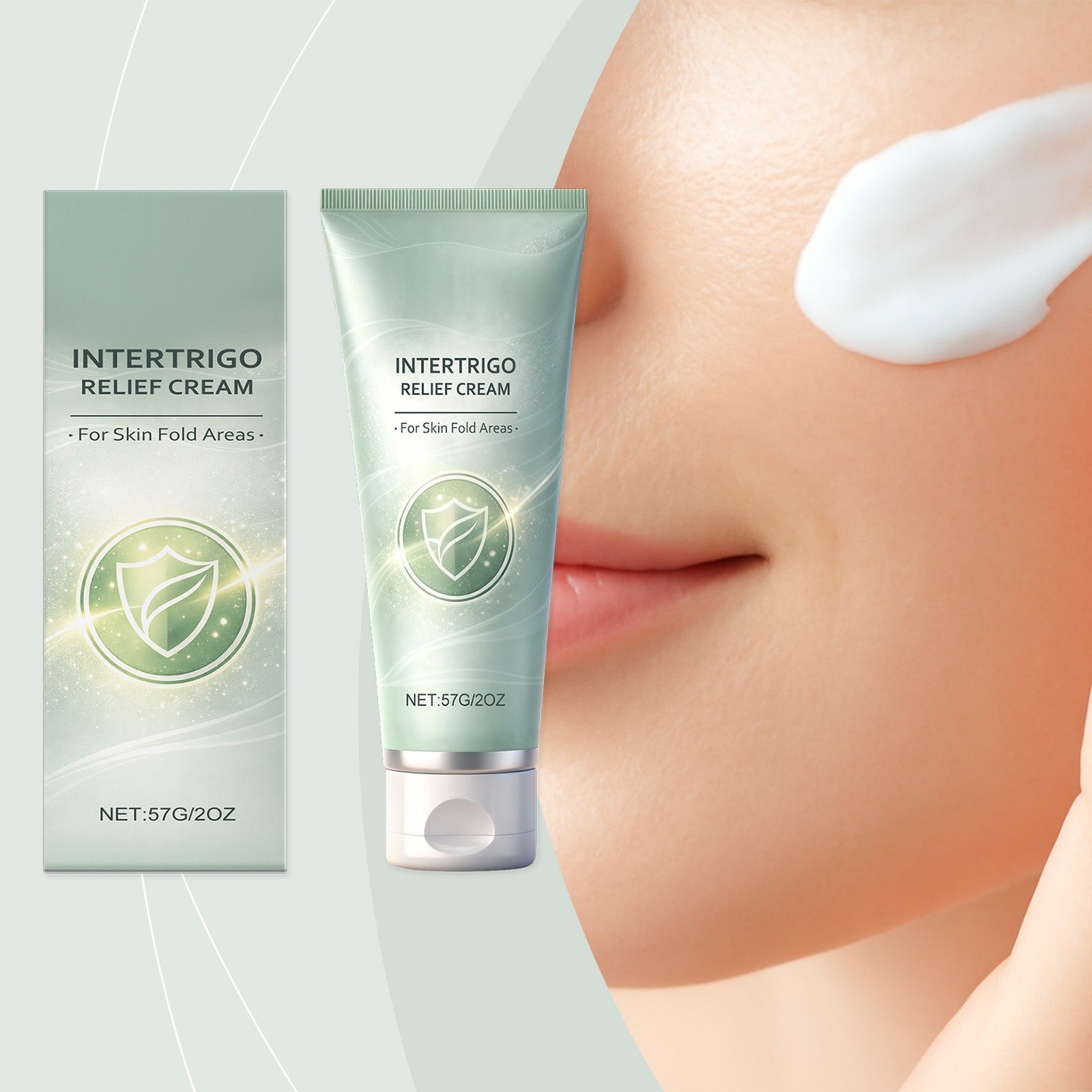 Intertrigo relief cream tube with close-up of skin receiving cream