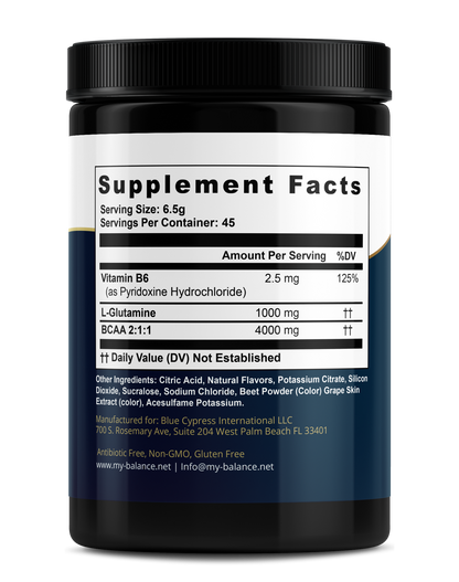 BCAA supplement facts panel on bottle with nutrition and ingredients table