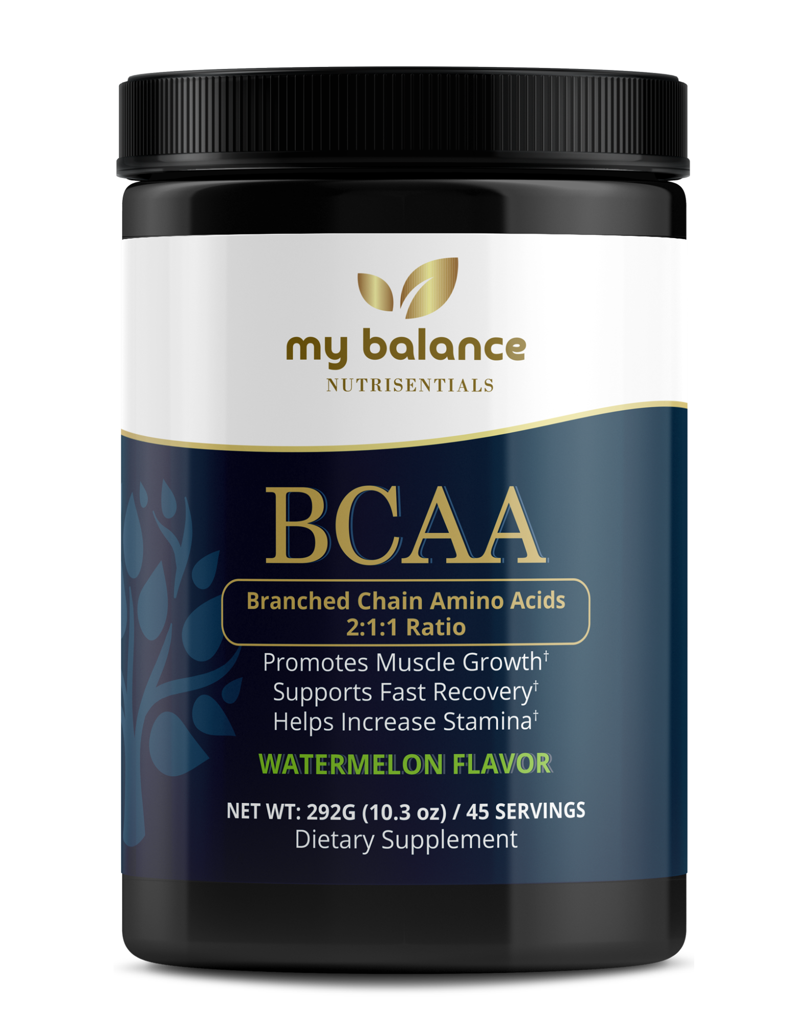 BCAA dietary supplement bottle with black cap, blue label and gold accents