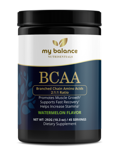 BCAA dietary supplement bottle with black cap, blue label and gold accents