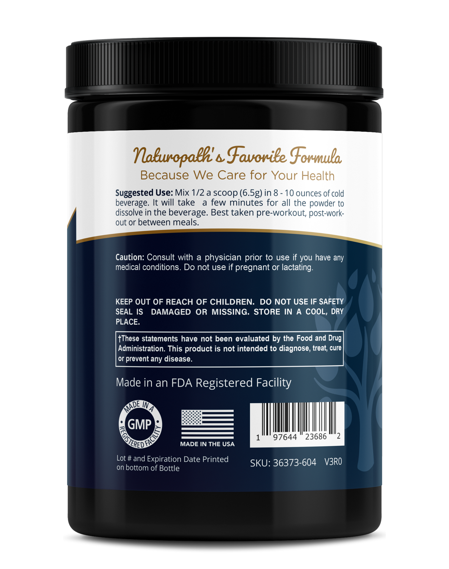 BCAA supplement bottle back label with directions, barcode, and GMP seal