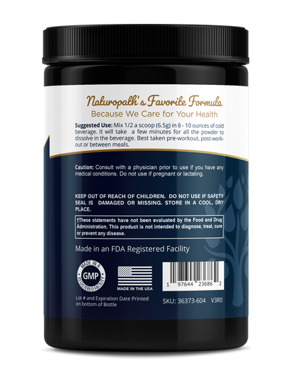 BCAA supplement bottle back label with directions, barcode, and GMP seal