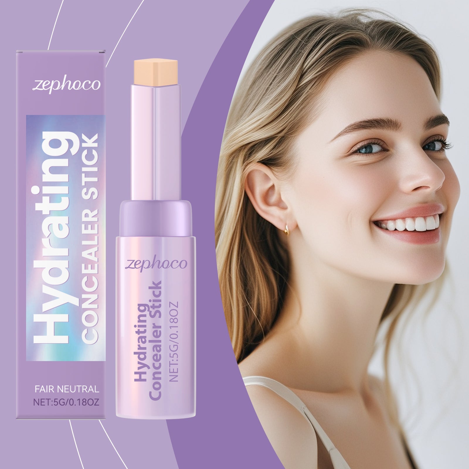 Hydrating concealer stick, ivory white shade, beside a smiling woman portrait