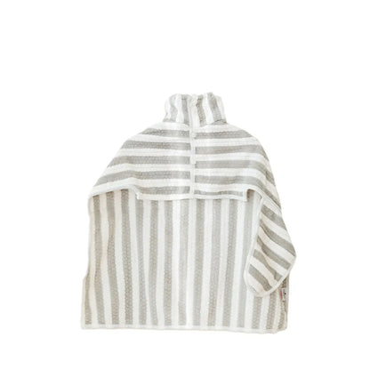 Gray-and-white striped pet bath towel robe with hood and front openings