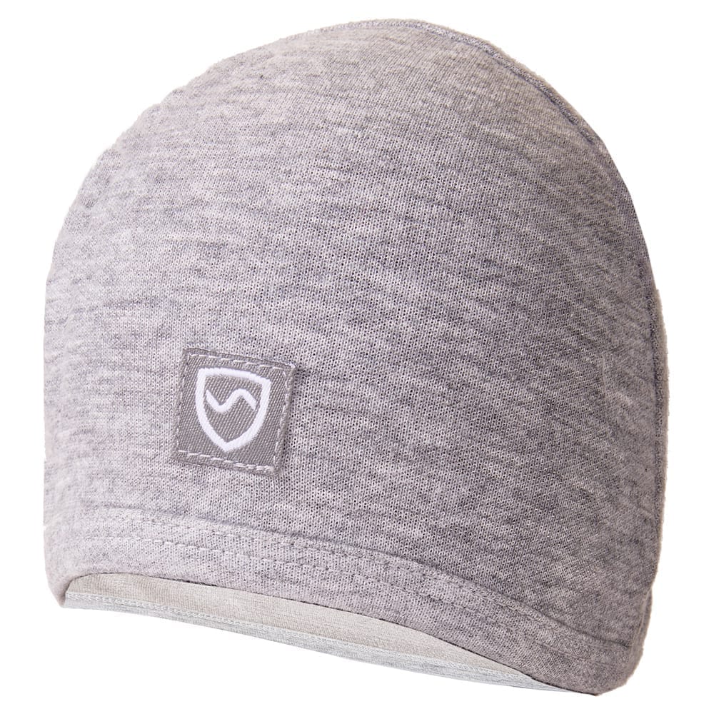 Baby beanie in heather gray with small shield logo patch