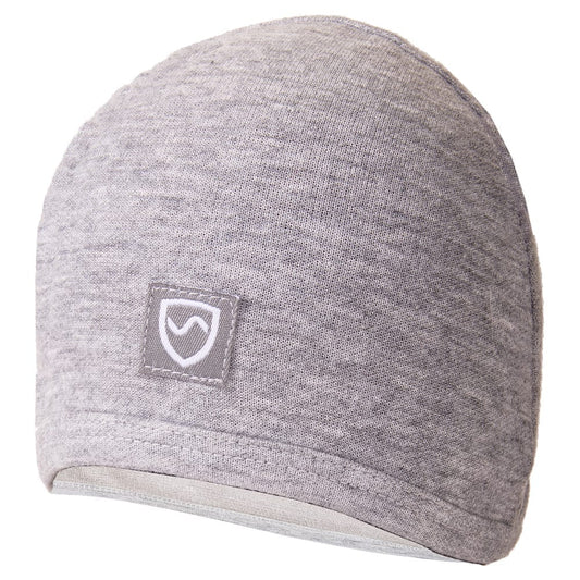 Baby beanie in heather gray with small shield logo patch