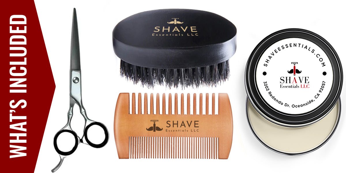 Beard grooming bundle with brush, comb, scissors, and storage tin