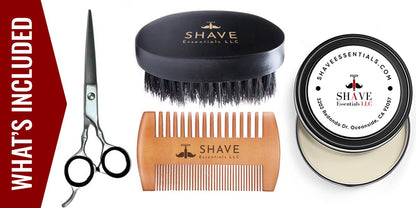 Beard grooming bundle with brush, comb, scissors, and storage tin