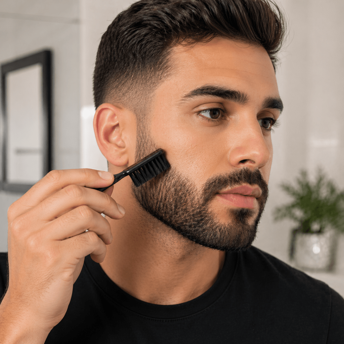 Beard filler brush in hand, black comb head grooming facial hair