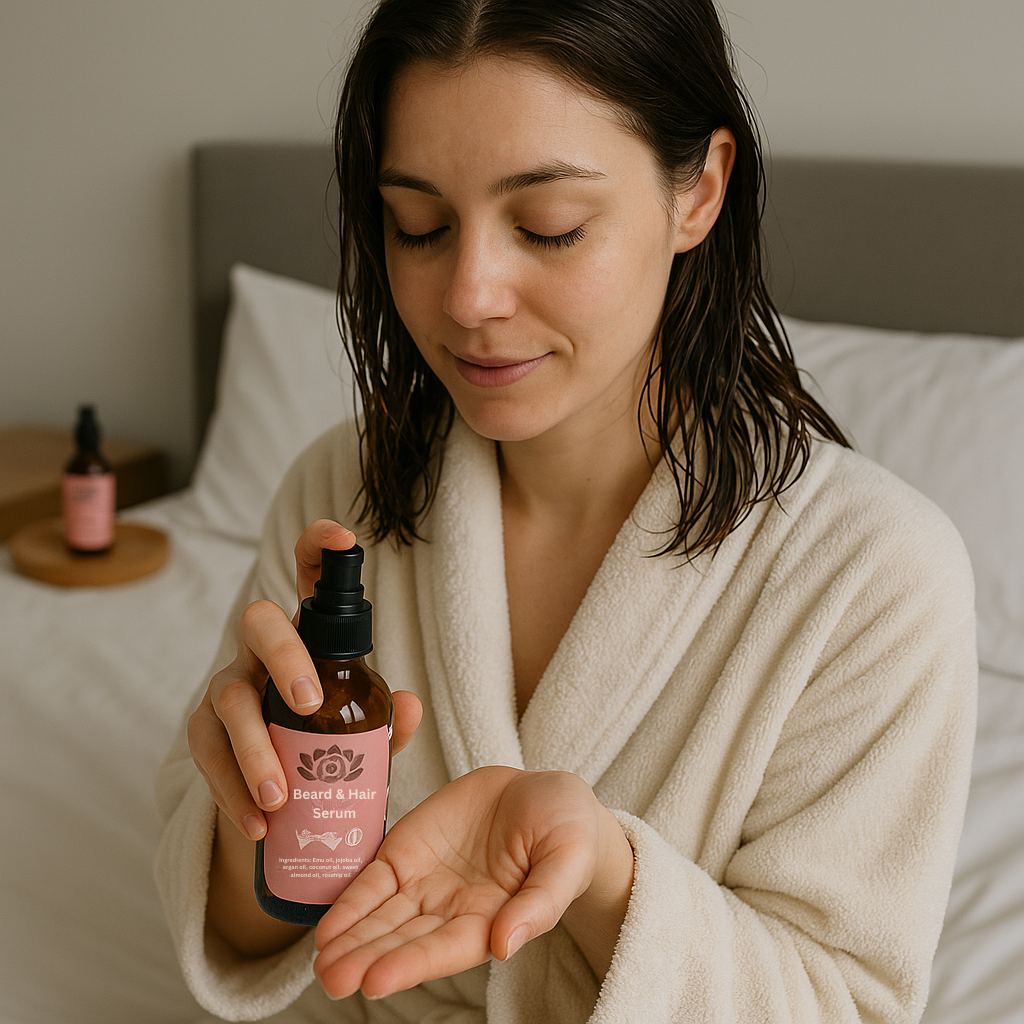 Beard & Hair serum bottle with dropper, held with hands in a towel routine