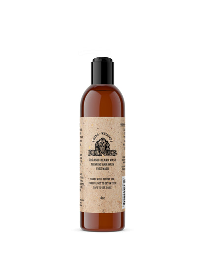 Organic whipped beard wash bottle, amber bottle with black cap