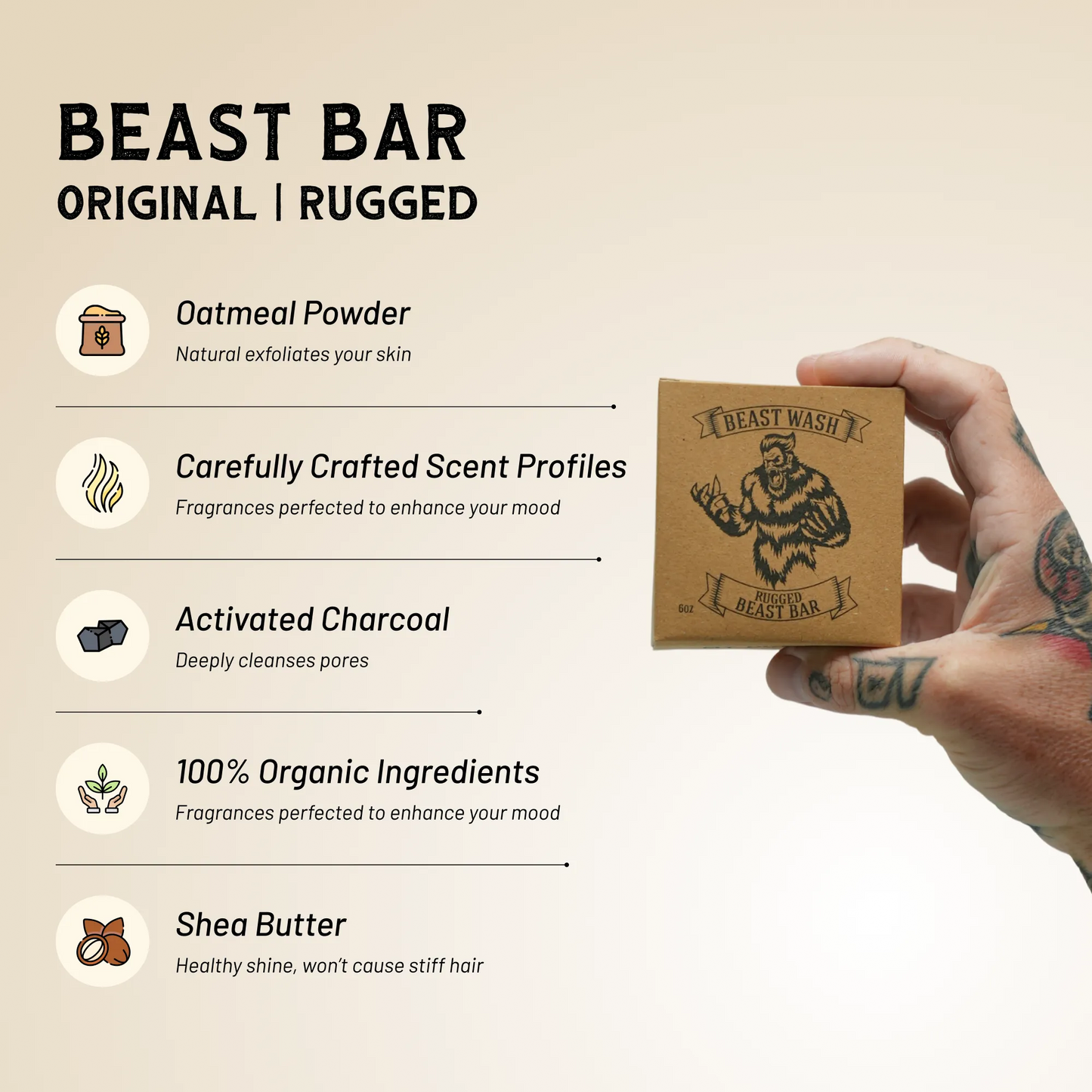 Hand holding brown body wash bar box with bear emblem, Original or Rugged label