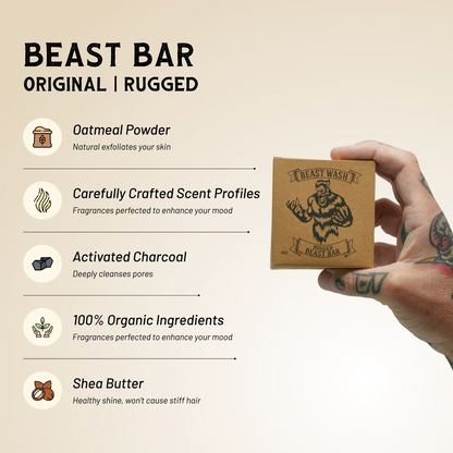 Hand holding brown body wash bar box with bear emblem, Original or Rugged label