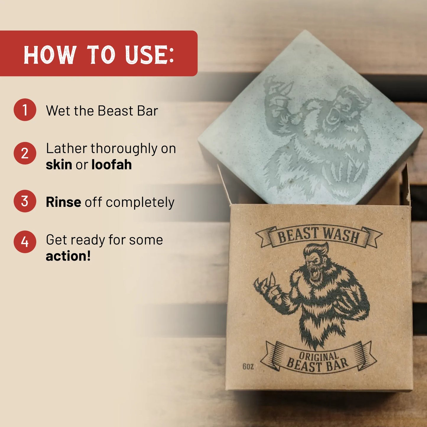 Body wash bar box with lathering how-to panel and embossed gray soap block