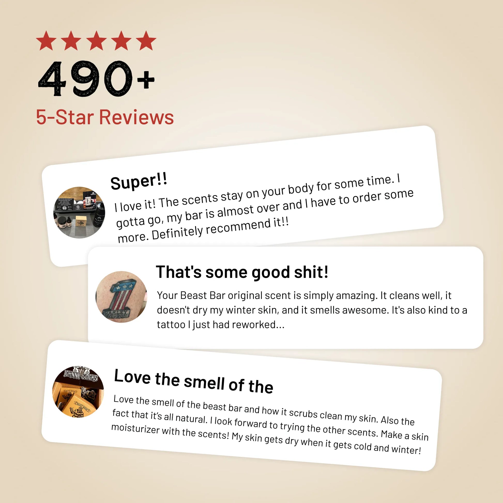 Body wash bar customer review cards with star rating graphic