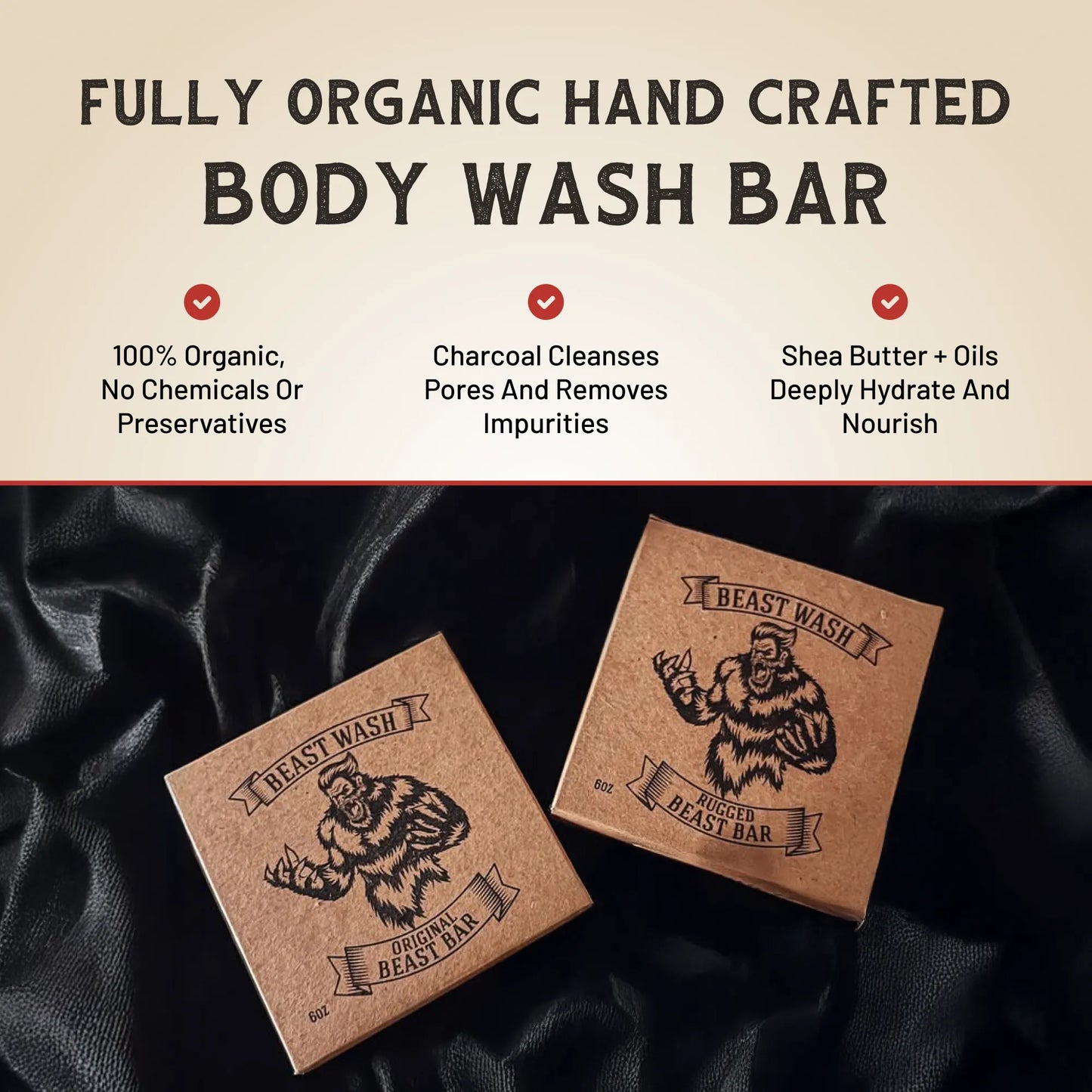 Two body wash bar boxes on dark fabric, bear emblem and organic badge
