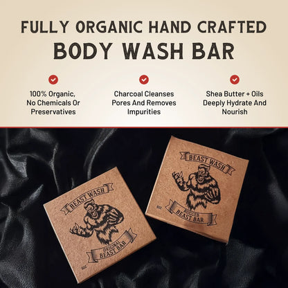 Two body wash bar boxes on dark fabric, bear emblem and organic badge