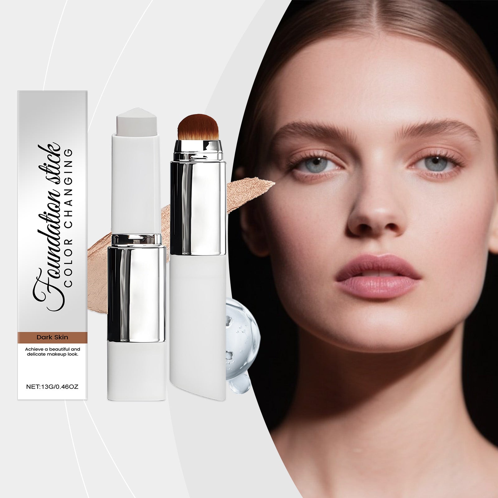 Color-changing foundation stick with brush applicator and beige swatch, dark skin tone