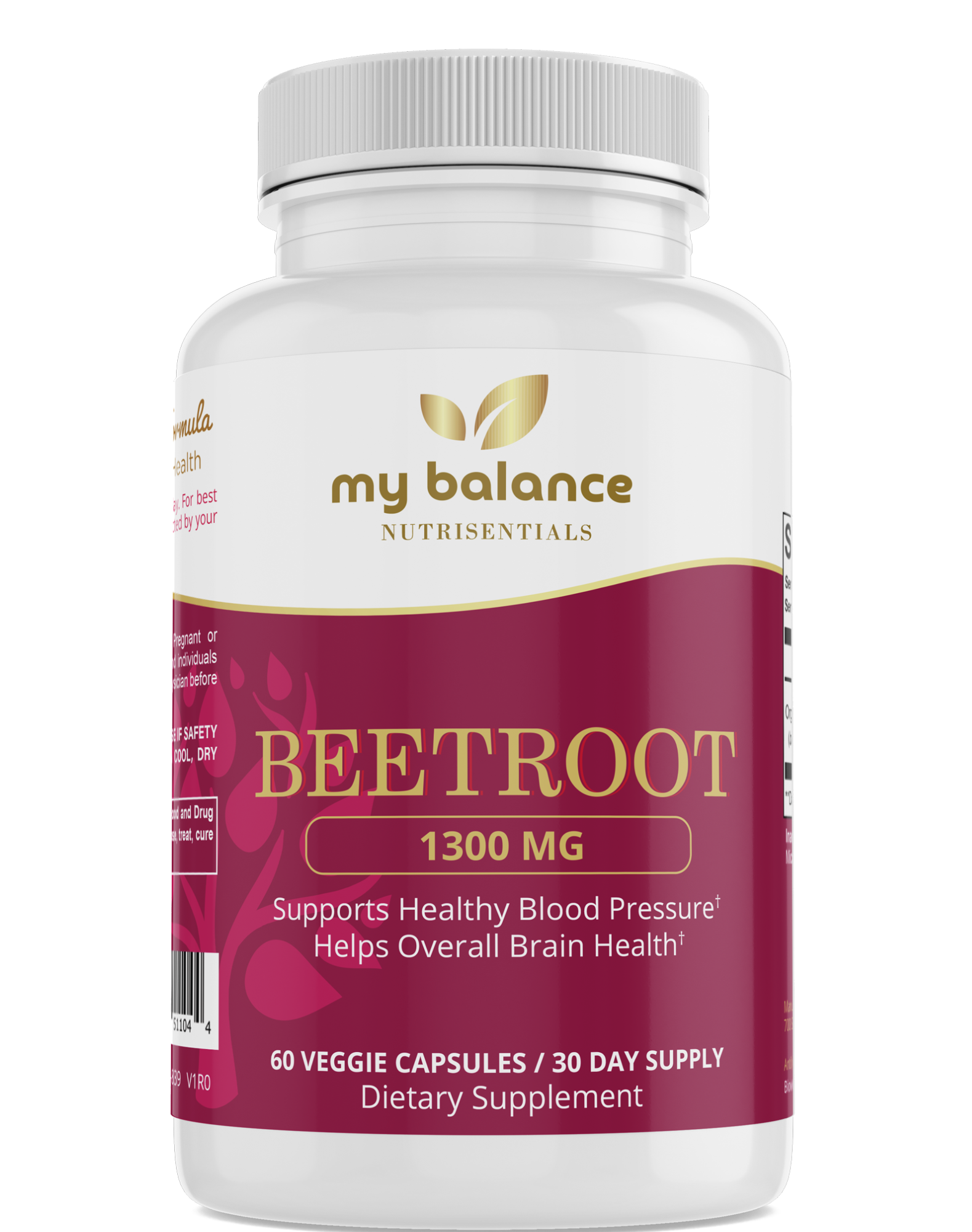 Beetroot dietary supplement bottle, 1300 mg, 60 veggie capsules label front