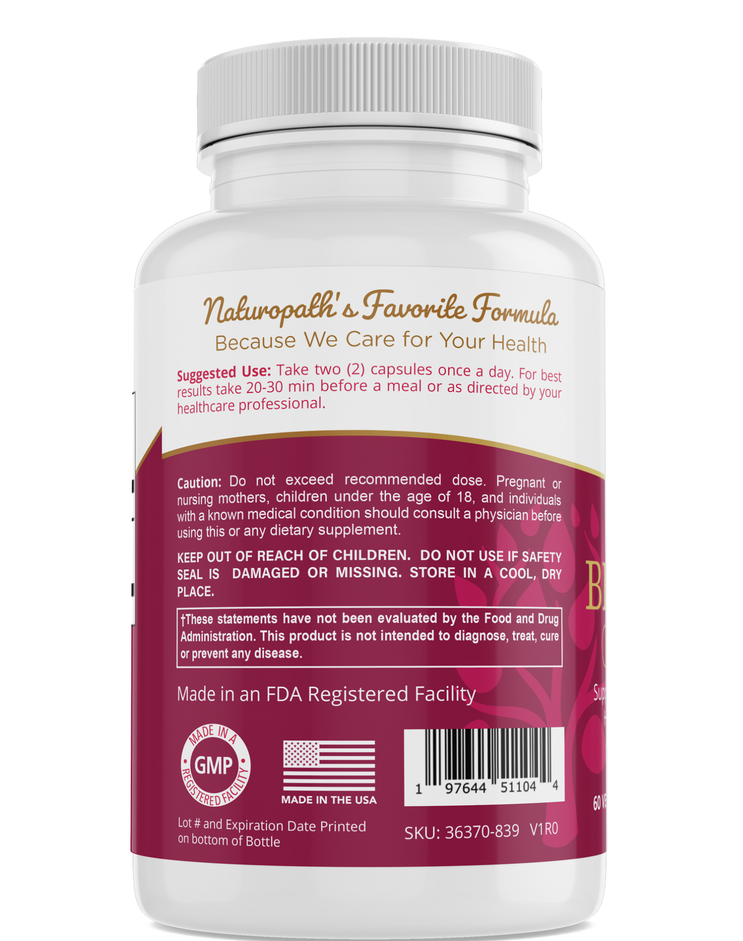Beetroot supplement bottle back label with directions, warnings, and GMP seals
