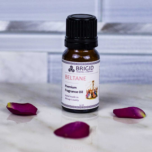 Diffuser oil bottle with black cap, BRIGID BELTANE label