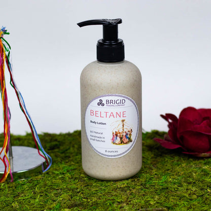 Beltane body lotion bottle with black pump, rose and jasmine scent, 8 oz