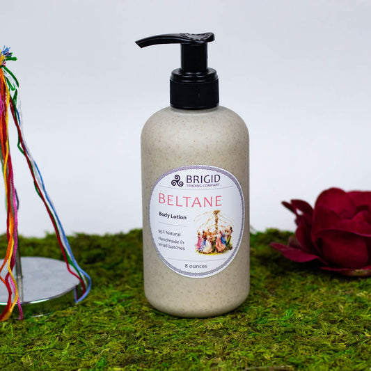Beltane body lotion bottle with black pump, rose and jasmine scent, 8 oz