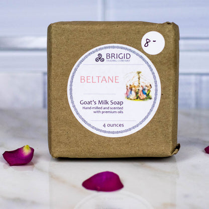 Beltane goat milk soap in tan paper box with BRIGID label and 4 ounces count.
