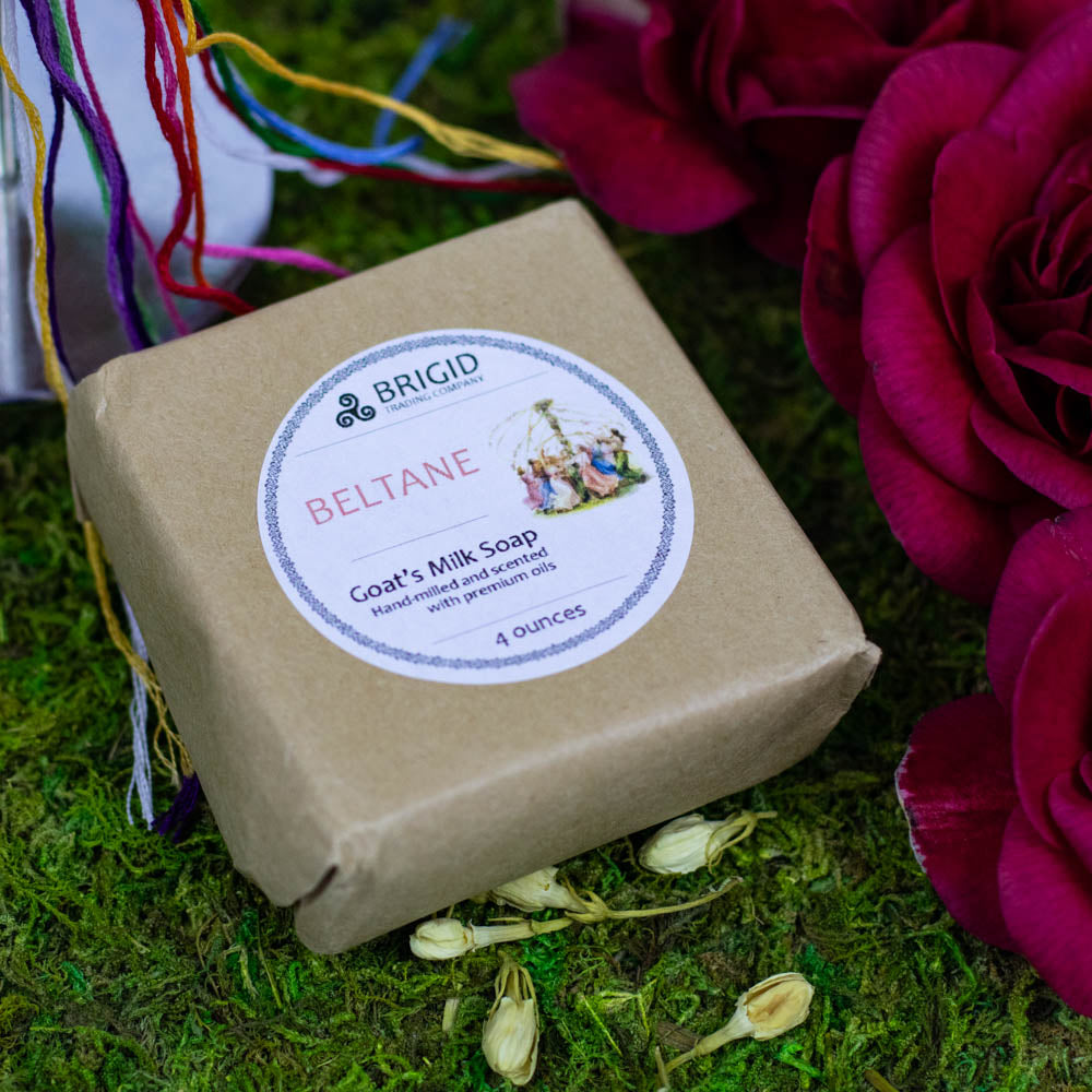 Beltane goat milk soap in tan paper box with BRIGID label and 4 ounces count.