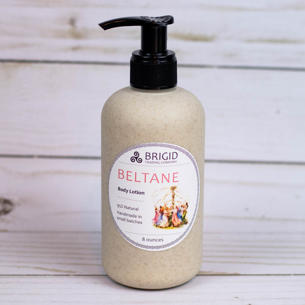 Beltane body lotion bottle with black pump, natural speckled beige, 8 oz