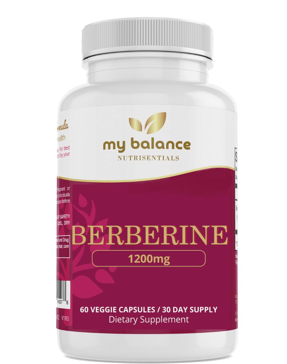 Berberine supplement bottle, my balance, 1200 mg, 60 veggie capsules
